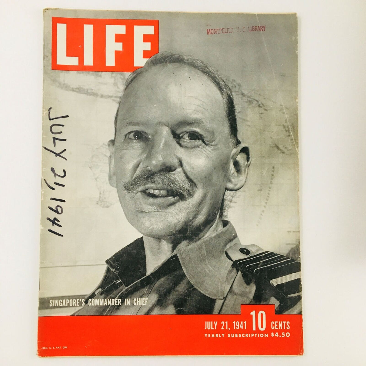 VTG Life Magazine July 21 1941 featuring Commander in Chief Arthur Percival on the cover, showcasing vintage design and historical significance, with the cover dated and priced at 10 cents.