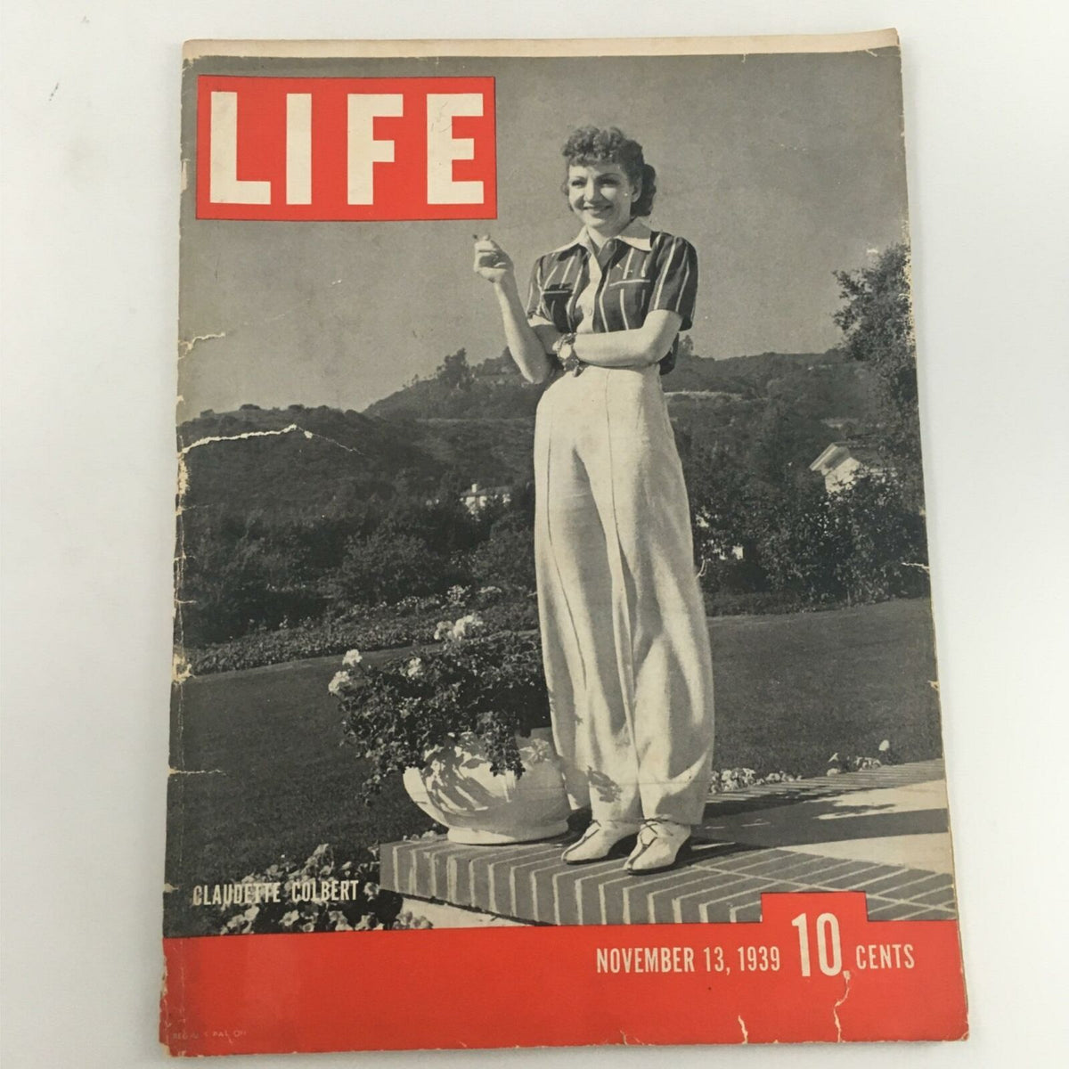 VTG Life Magazine November 13, 1939 featuring Claudette Colbert on the cover, showcasing her stylish outfit in a scenic outdoor setting. The magazine's title prominently displayed at the top along with the date and price details.