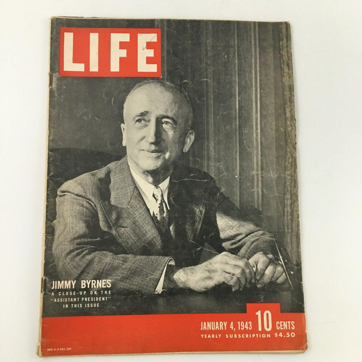 Vintage Life Magazine from January 4, 1943, featuring Assistant President Jimmy Byrnes on the cover, showcasing classic editorial design and historical photography.
