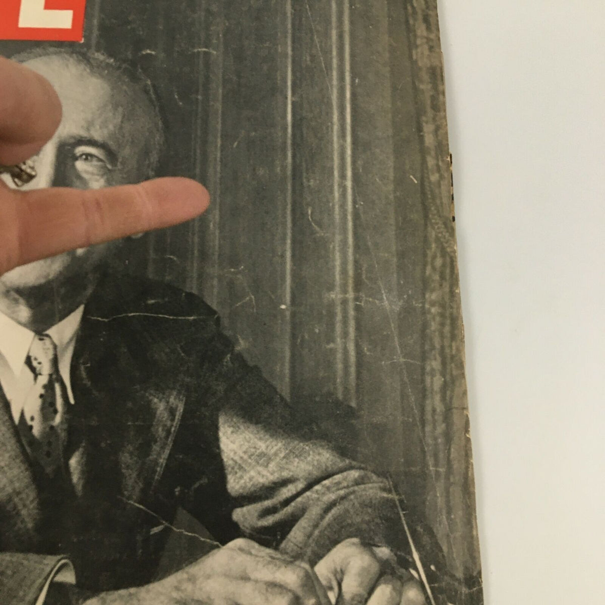 Close-up view of the cover of Vintage Life Magazine January 4, 1943, highlighting Assistant President Jimmy Byrnes with wear marks, preserving its historical charm.