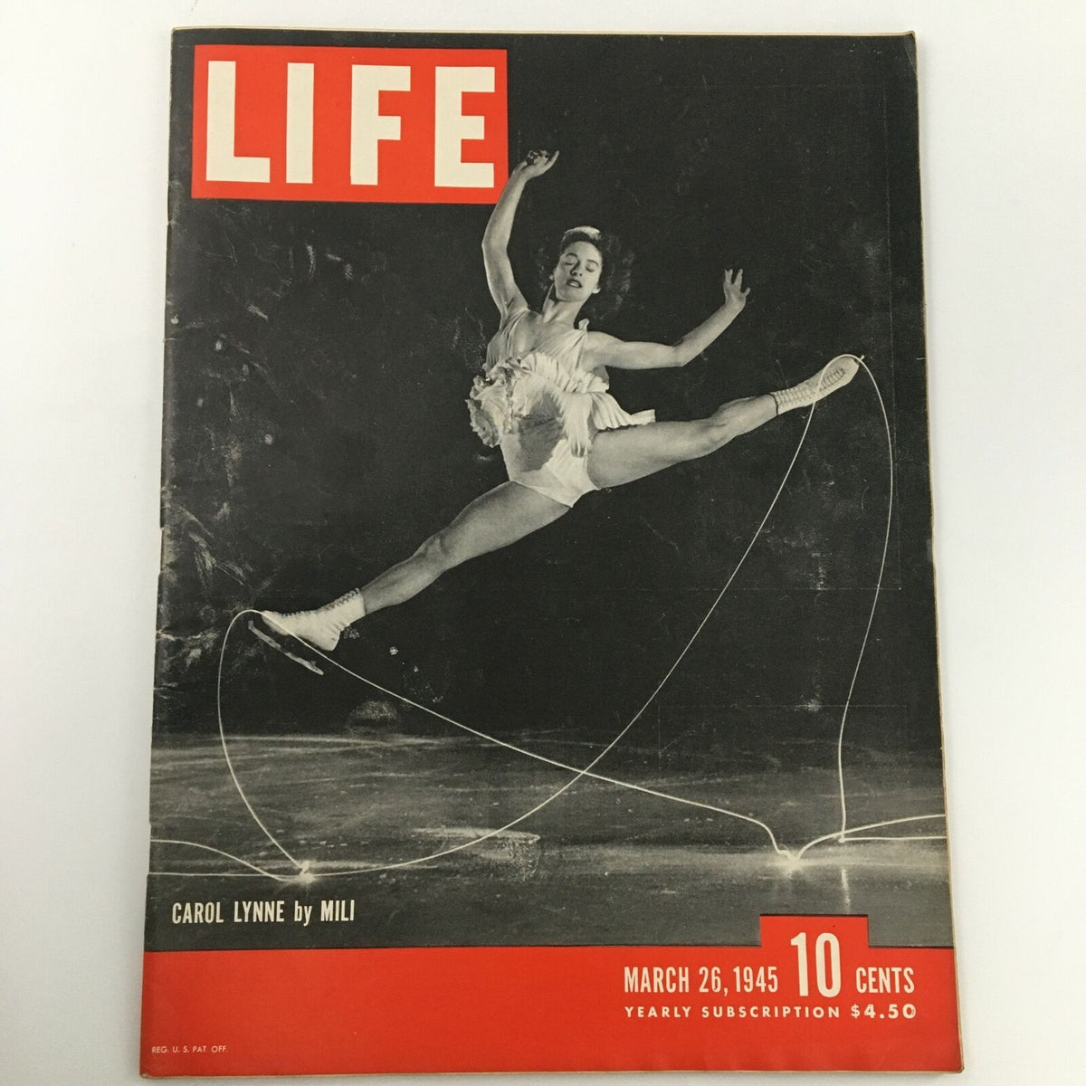 Vintage Life Magazine March 26 1945 featuring Carol Lynne by Mili on the cover, showcasing a striking image of a figure skater in mid-air, highlighting the magazine's collectible value.