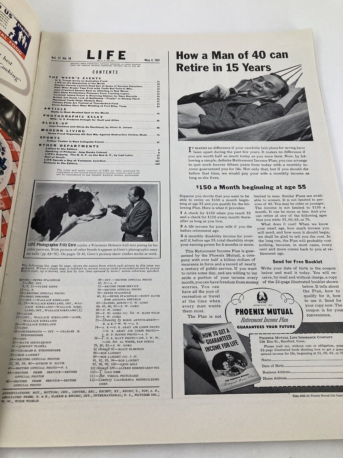 Inside page from the May 4, 1942 issue of Life Magazine displaying contents and articles, including features on World War II and lifestyle.