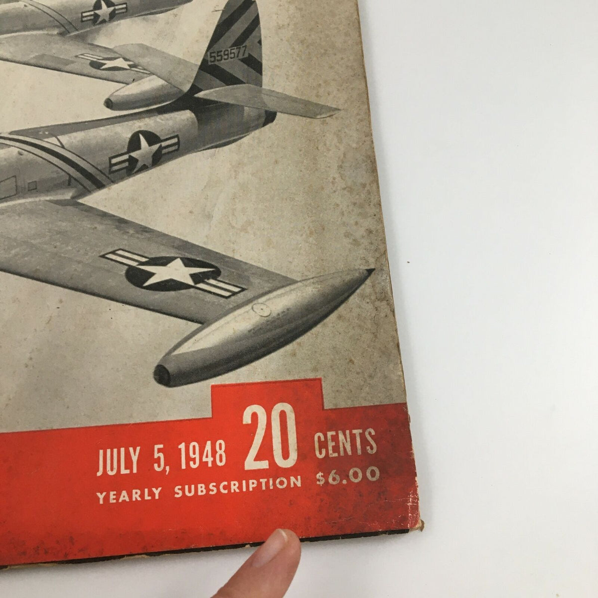 Detailed view of the VTG Life Magazine July 5 1948 showcasing the date and subscription details, featuring F-84 Thunderjets.