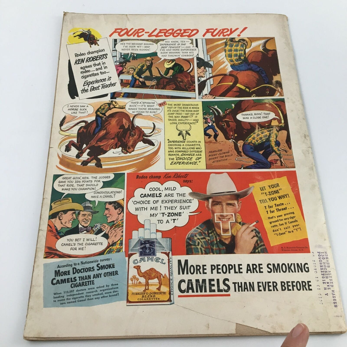 Back cover of VTG Life Magazine July 5, 1948, illustrating an advertisement for Camels cigarettes with a cowboy theme and playful visuals, highlighting mid-20th century marketing.
