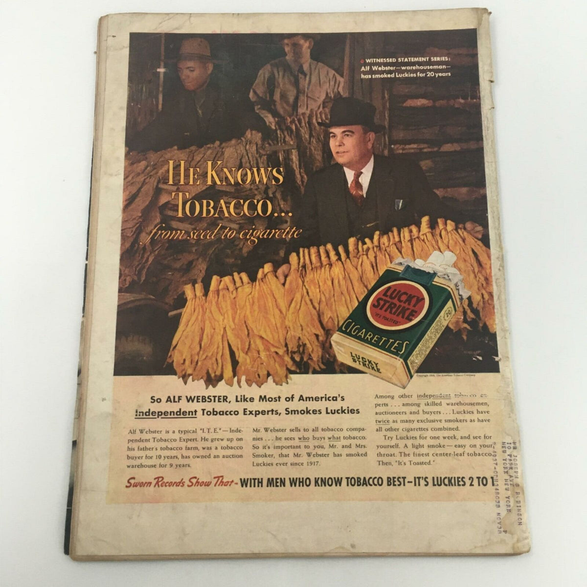 Back cover of a vintage Life Magazine from September 19, 1938, advertising Lucky Strike cigarettes, highlighting tobacco culture.