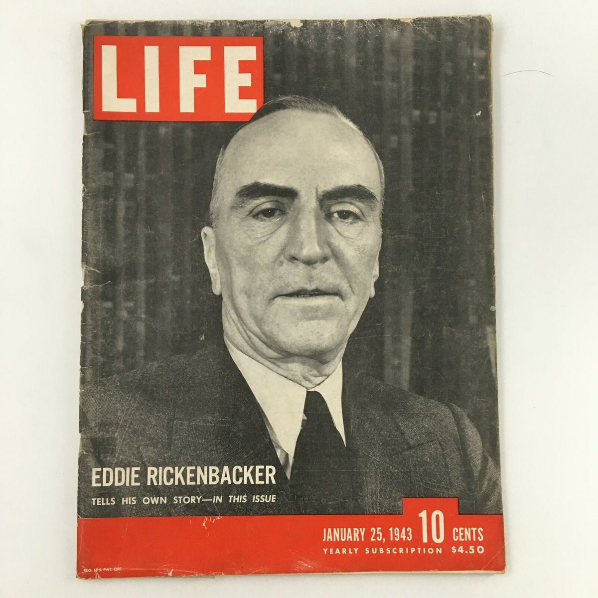 VTG Life Magazine January 25 1943 featuring Eddie Rickenbacker on the cover, showcasing his own story with a black and white portrait. This collectible issue captures a historic moment in American culture.