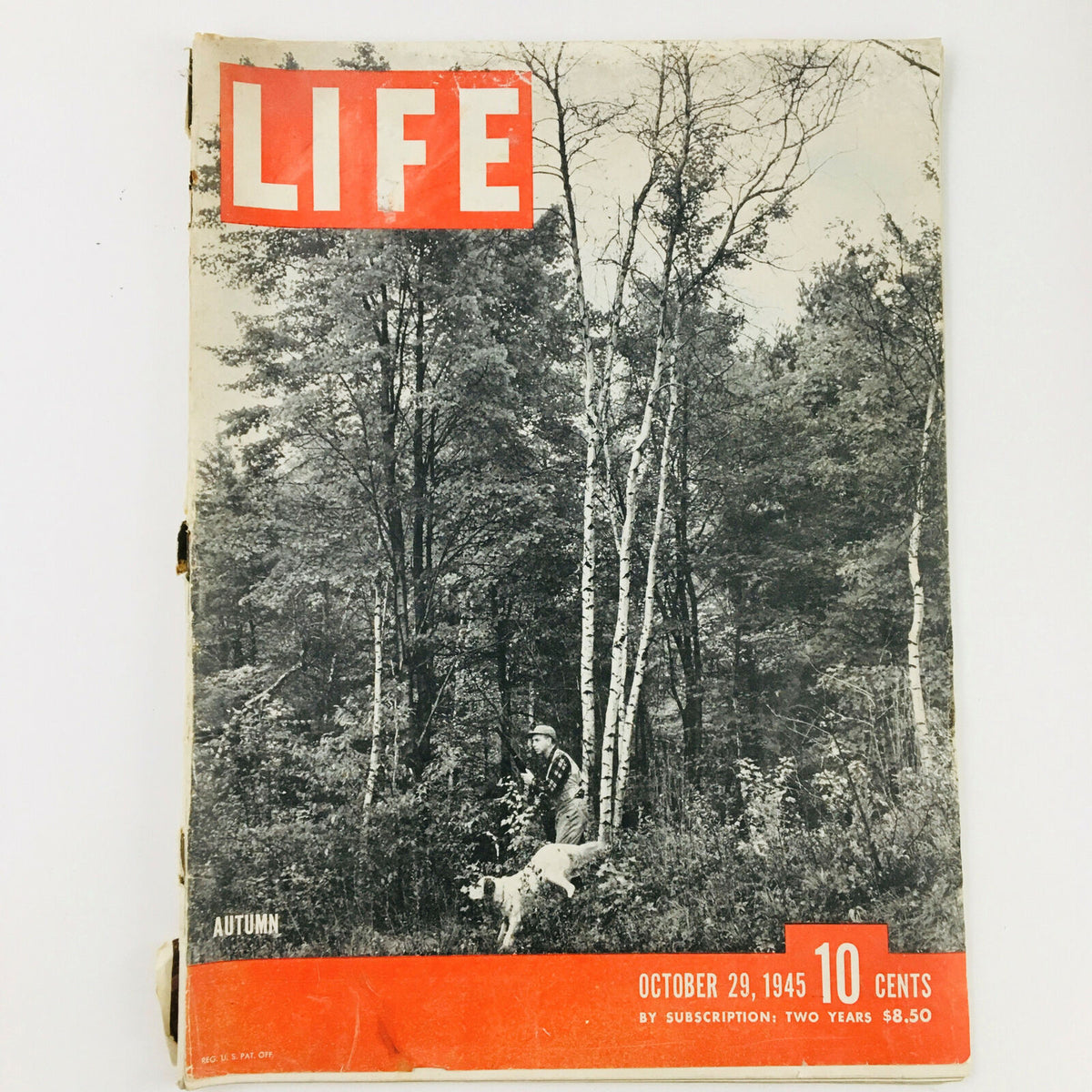 Vintage Life Magazine cover from October 29, 1945, featuring a farmer and his dog in a scenic autumn forest.