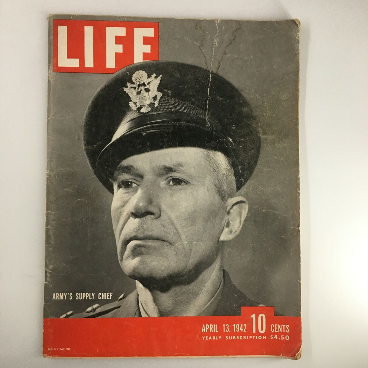 VTG Life Magazine April 13 1942 featuring General Brehon B. Somervell on the cover, showcasing a striking portrait of the Army's Supply Chief in uniform.