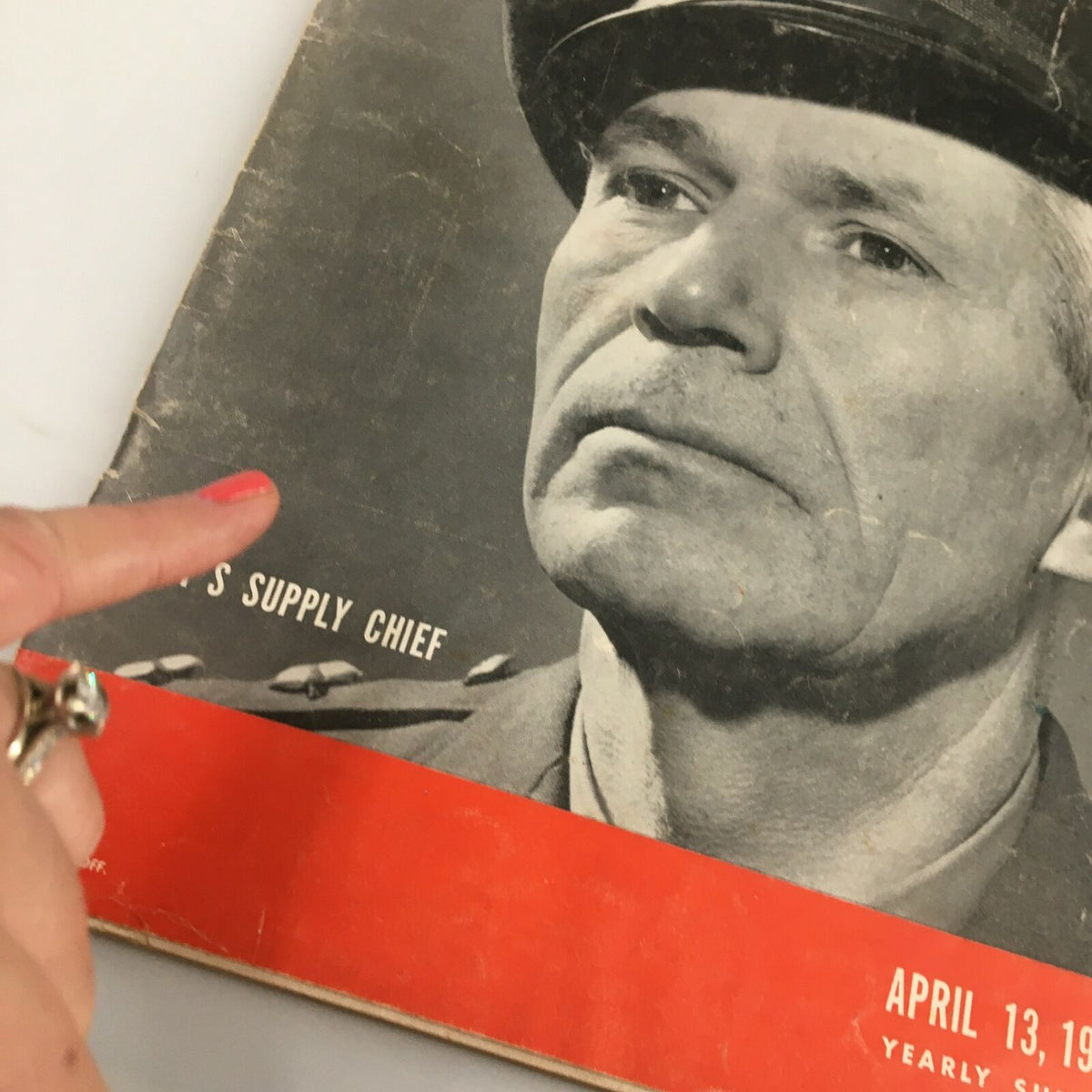 Detailed view of the VTG Life Magazine April 13 1942 highlighting General Brehon B. Somervell's image and the caption 'America's Supply Chief'.