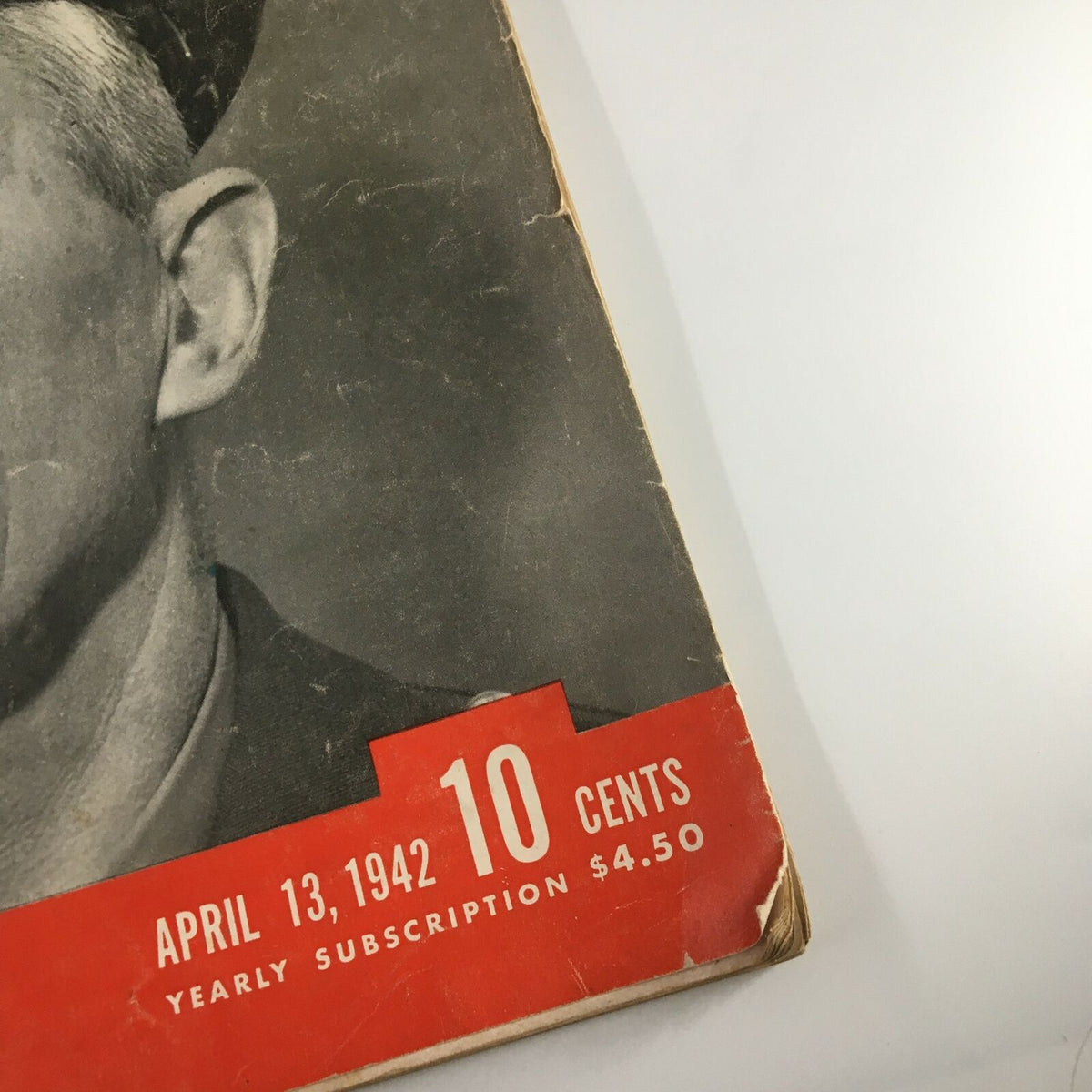 Corner detail of the VTG Life Magazine April 13 1942 showing the price and subscription information with vintage design elements.