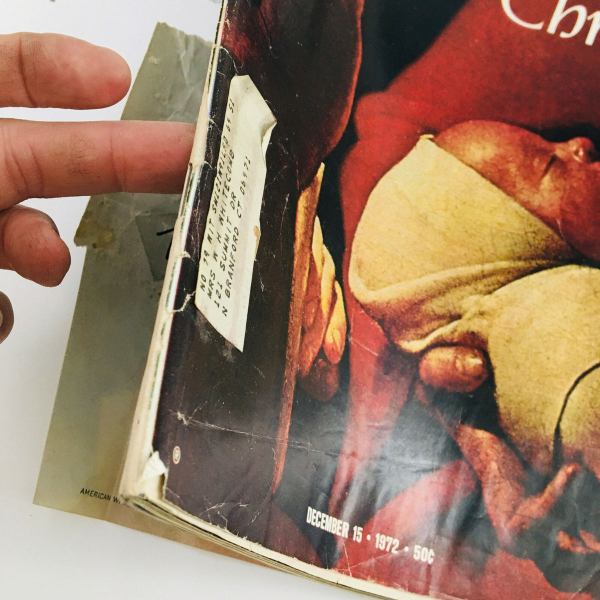 Close-up of the spine and address label on the VTG Life Magazine December 15 1972 Special Double Issue Joys of Christmas, showing details of wear and vintage charm.
