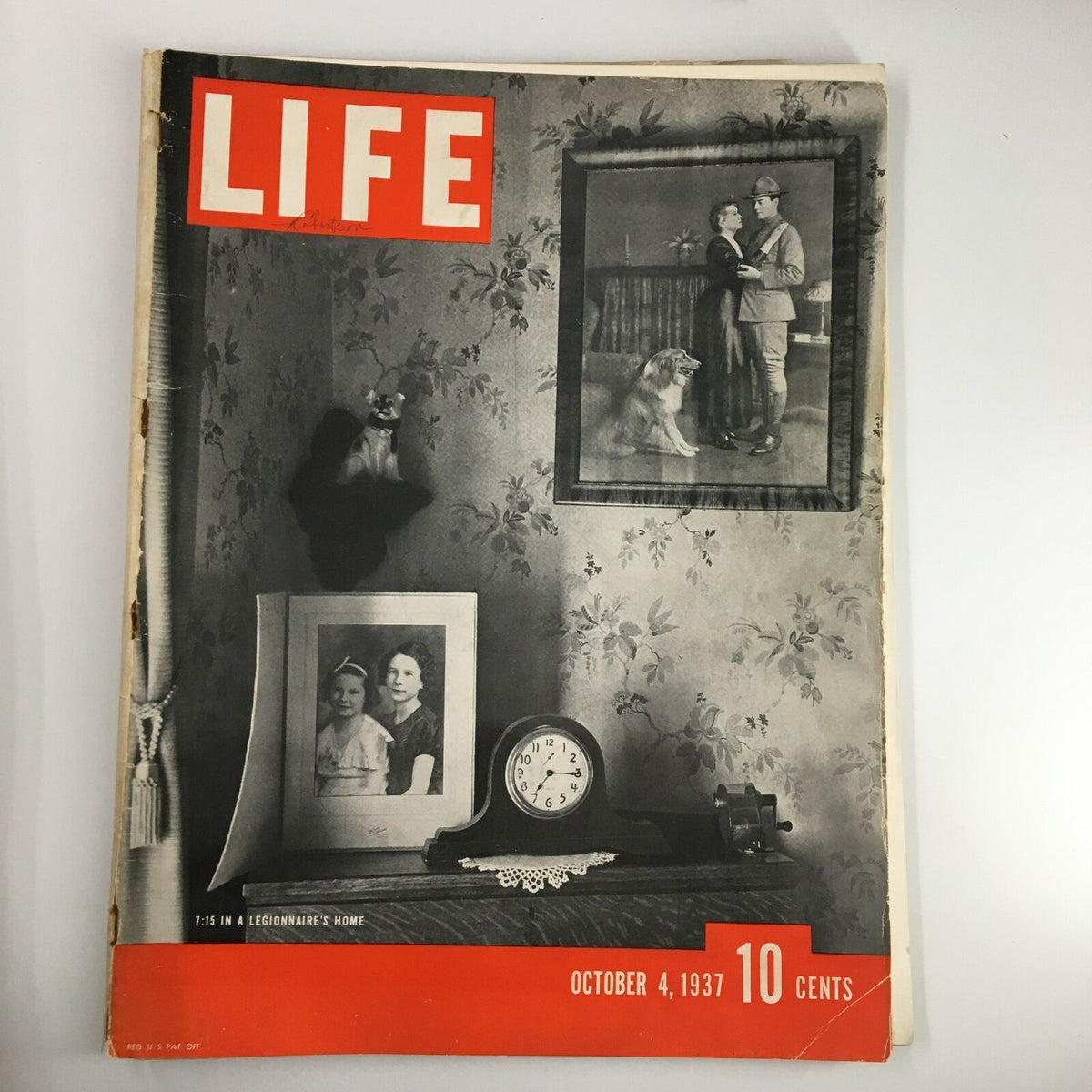 VTG Life Magazine October 4 1937 featuring the cover story '7:15 in a Legionnaire's Home', showcasing a vintage clock, family photographs, and a dog against a floral wallpaper backdrop.