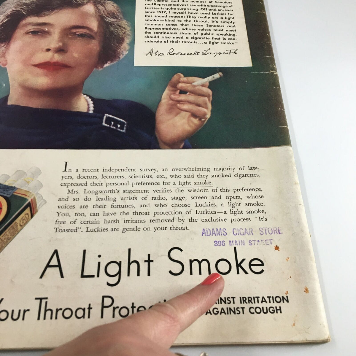 VTG Life Magazine April 12 1937 back cover showcasing an advertisement for Luckies cigarettes, highlighting Adams Cigar Store with a vintage style.