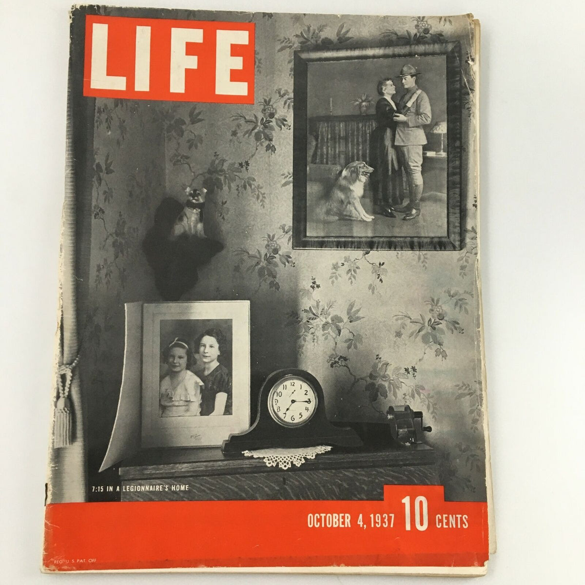 VTG Life Magazine Cover dated October 4, 1937 featuring the article '7:15 In A Legionnaire's Home' with historical imagery and vintage design elements.