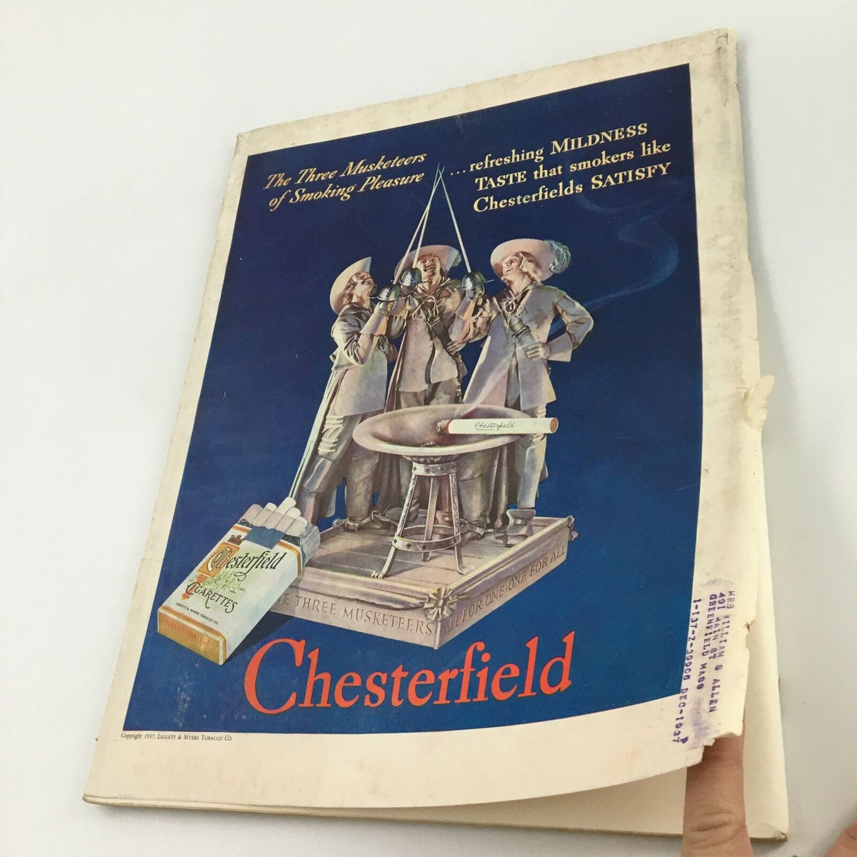 Back cover of VTG Life Magazine from October 4, 1937 displaying an advertisement for Chesterfield cigarettes, showcasing colorful artwork and vintage branding.