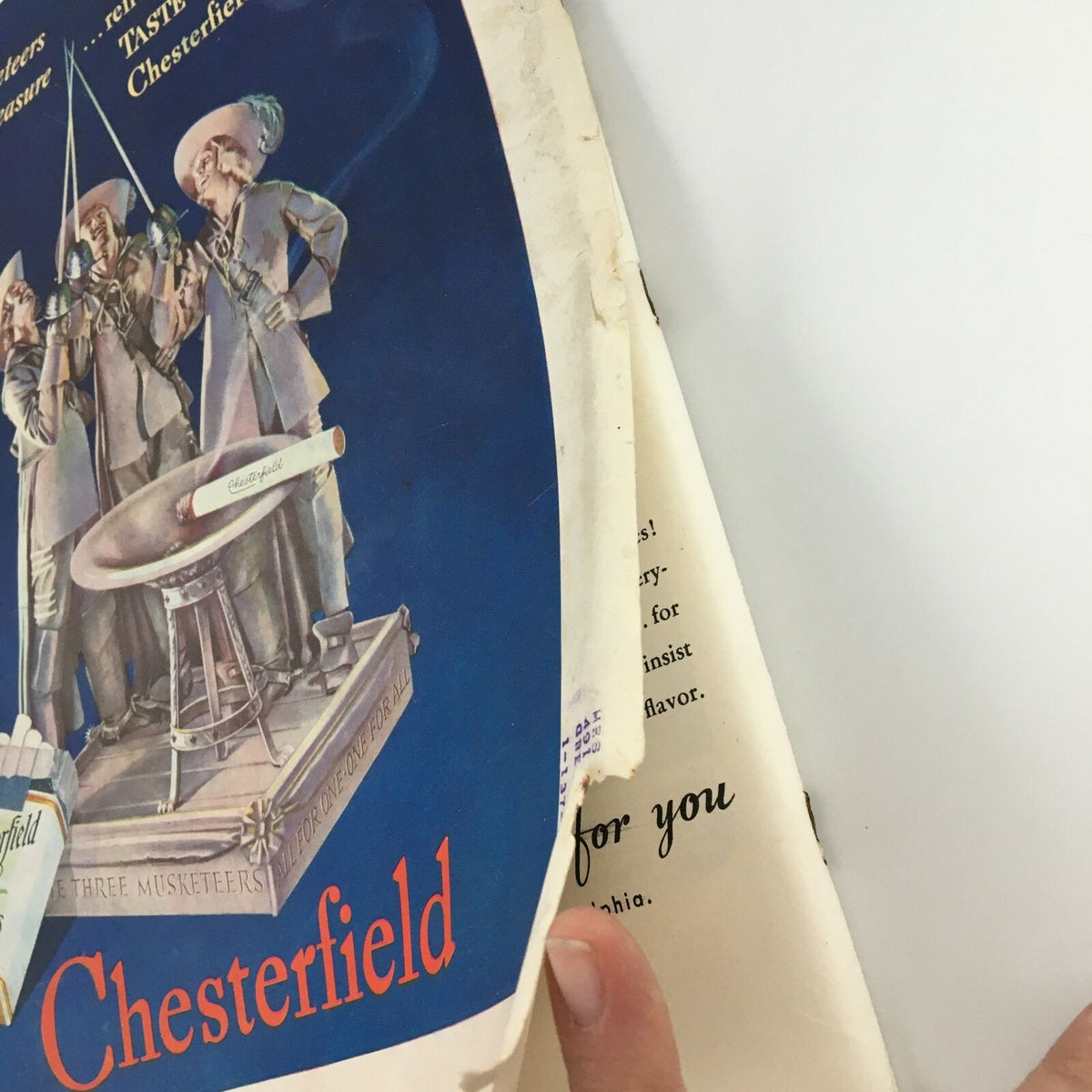 Vintage Life Magazine cover from October 4, 1937 featuring an advertisement for Chesterfield cigarettes, showcasing a colorful illustration of three musketeers with text highlighting their brand.