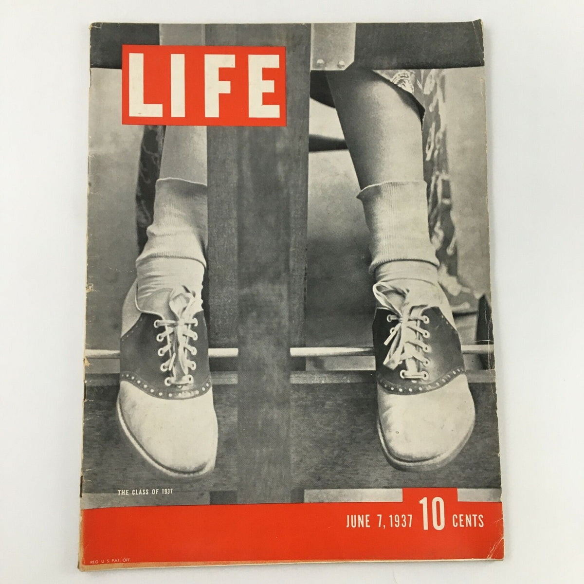 Cover of VTG Life Magazine June 7 1937 featuring the Class of 1937, showcasing a vintage black and white photo of shoes, reflecting the design aesthetic of the late 1930s.