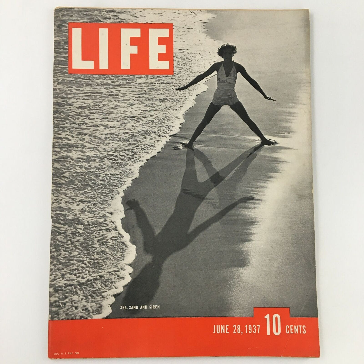 Cover of VTG Life Magazine from June 28, 1937, featuring a woman on the beach with the theme 'Sea, Sand, and Siren,' showcasing vintage photography and design.