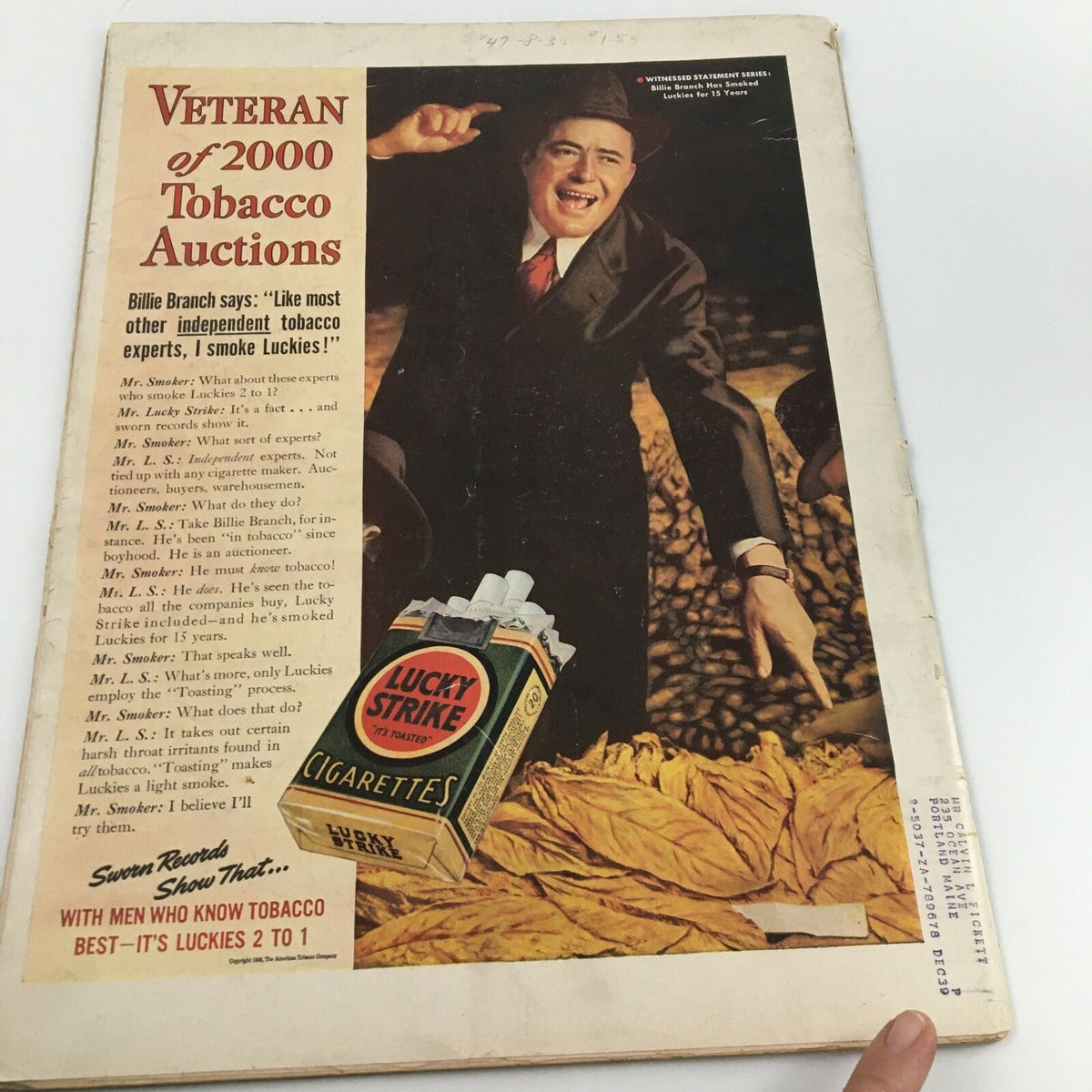 Back cover of VTG Life Magazine July 25 1938 showcasing a Lucky Strike cigarette advertisement, reflecting the advertising style of the era.