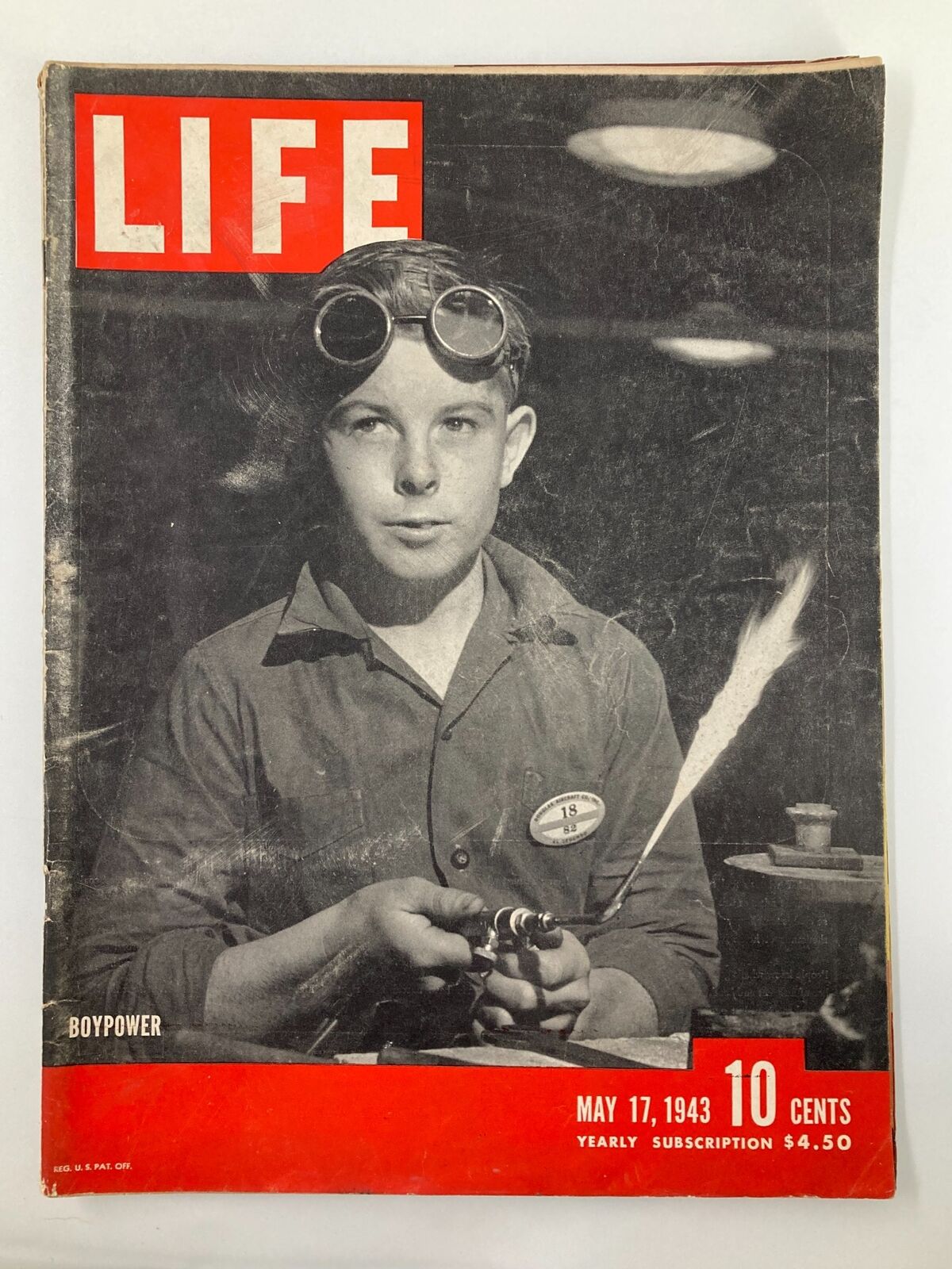 Cover of VTG Life Magazine May 17 1943 featuring a boy in welding goggles, illustrating the theme of 'Boypower' with vintage design elements including pricing and publication details.