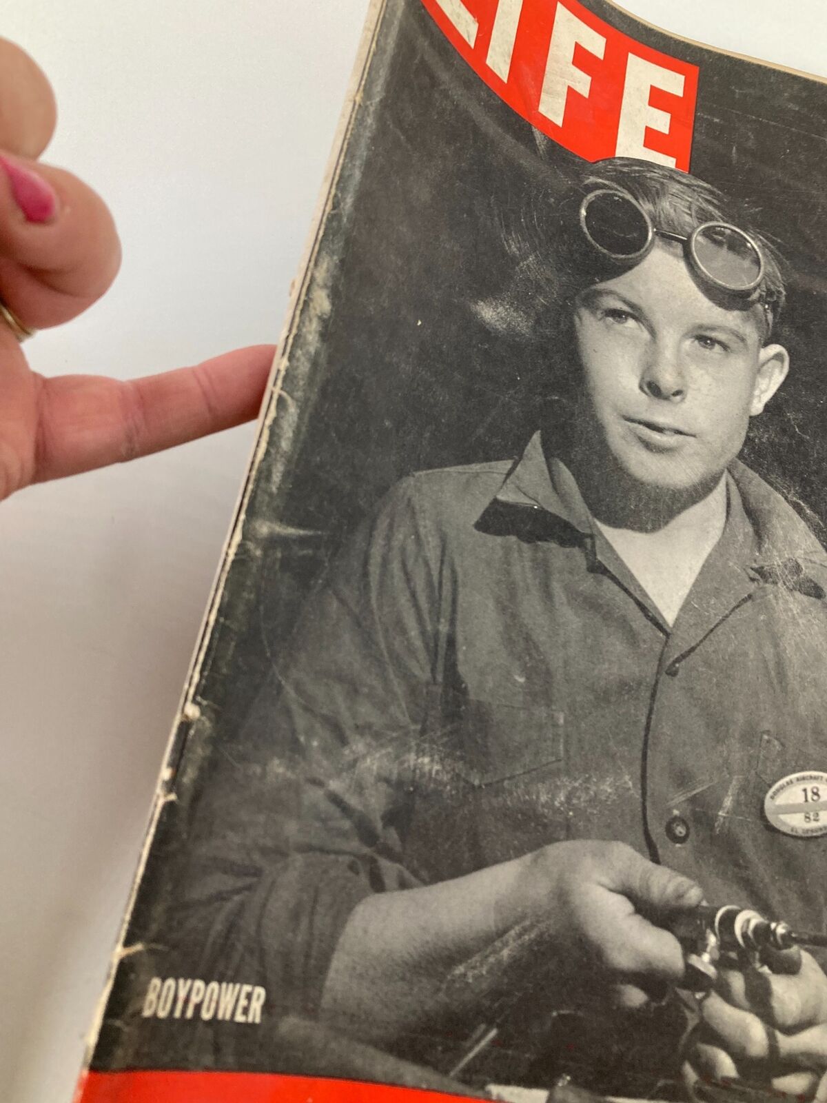 Cover of VTG Life Magazine from May 17, 1943, featuring a young boy with welding goggles, symbolizing the theme of Boypower, showcasing vintage design and historical significance from World War II.