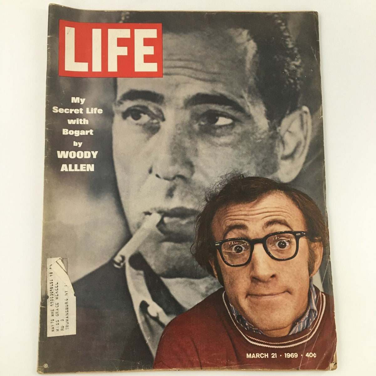 Cover of VTG Life Magazine from March 21, 1969 featuring Woody Allen's article 'My Secret Life with Bogart', showcasing the comedian's unique perspective alongside Humphrey Bogart's iconic image.