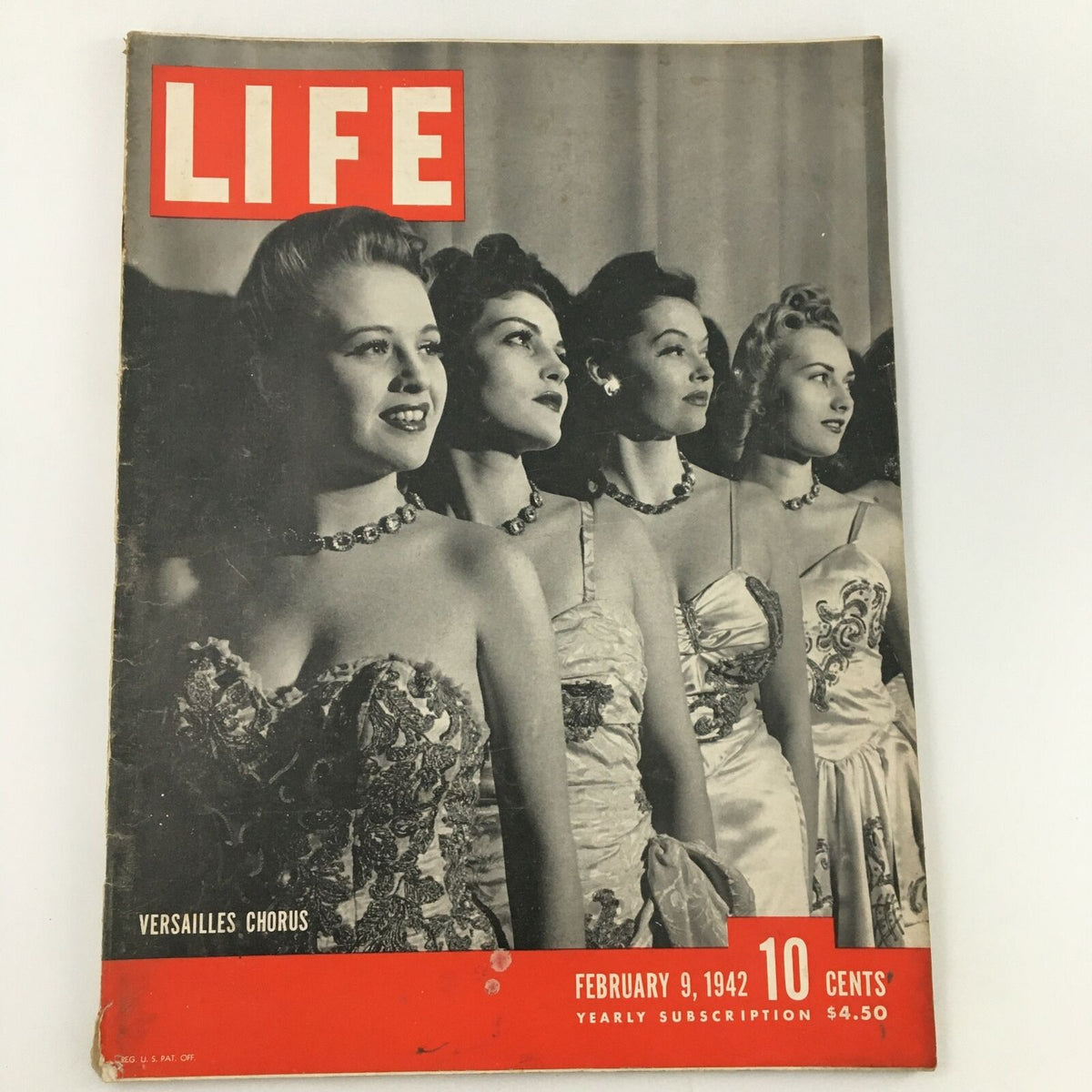 Vintage Life Magazine cover from February 9, 1942, featuring The Versailles Chorus. The black and white photograph showcases five elegantly dressed women, highlighting the magazine's historical significance and cultural relevance.