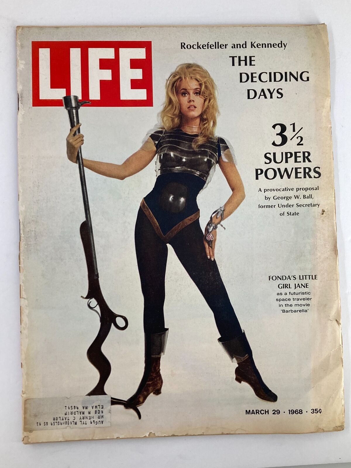 Vintage Life Magazine cover from March 29, 1968 featuring Jane Fonda as 'Barbarella' with a futuristic outfit and gun, titled 'Fonda's Little Girl Jane'.