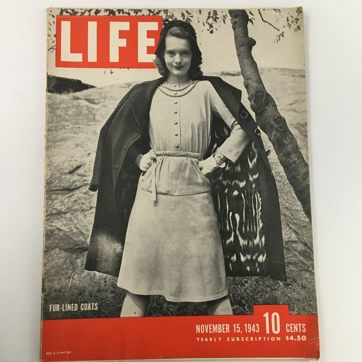 Vintage Life Magazine cover from November 15, 1943, featuring fur-lined coats and a model posing in stylish attire, showcasing mid-century fashion with the iconic LIFE logo.