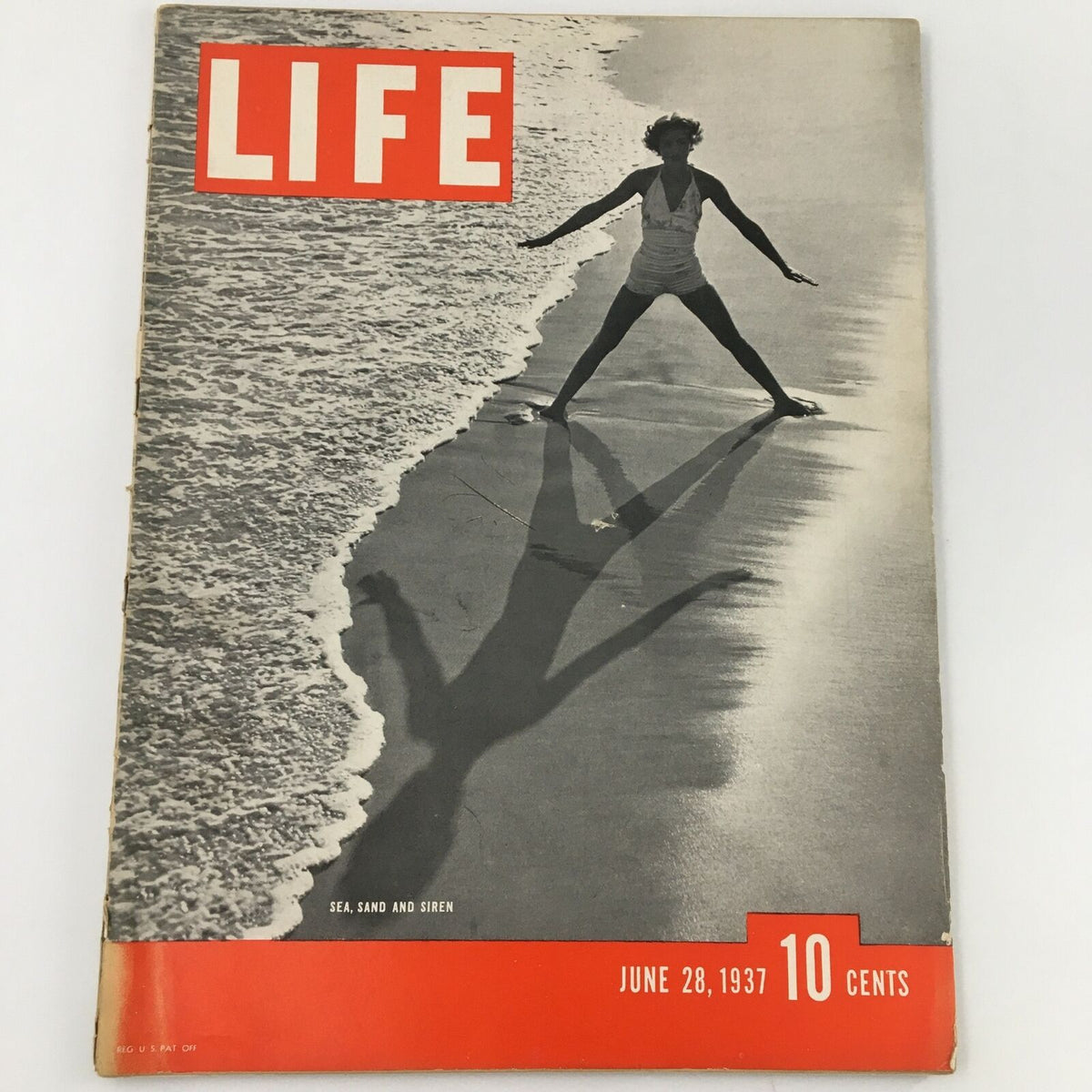 VTG Life Magazine June 28 1937 cover featuring a woman playing along the shoreline with the title 'Sea, Sand and Siren' and a bold red header.