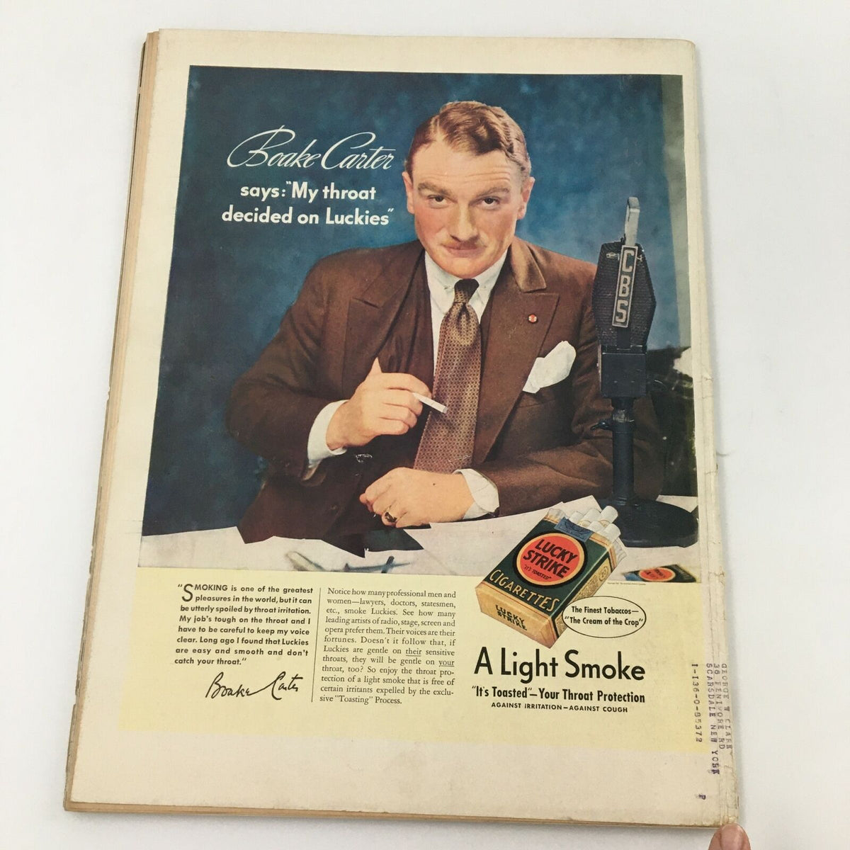 Interior page from VTG Life Magazine June 28 1937 showcasing an advertisement featuring a man discussing Lucky Strike cigarettes, emphasizing throat protection.