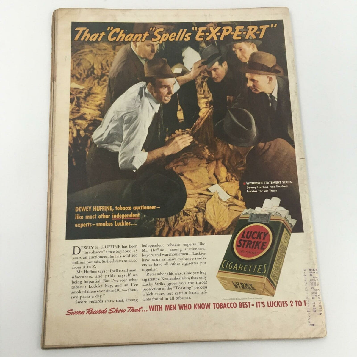 Cover of VTG Life Magazine May 30, 1938 featuring a group of men discussing tobacco auctioning and a branded Lucky Strike cigarette pack, highlighting the era's marketing strategies.