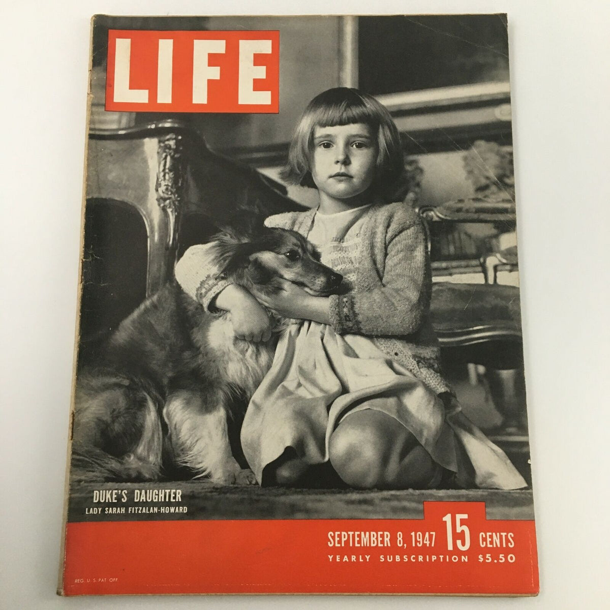 Cover of VTG Life Magazine September 8 1947 featuring Lady Sarah Fitzalan-Howard with her dog, showcasing mid-20th century fashion and culture.