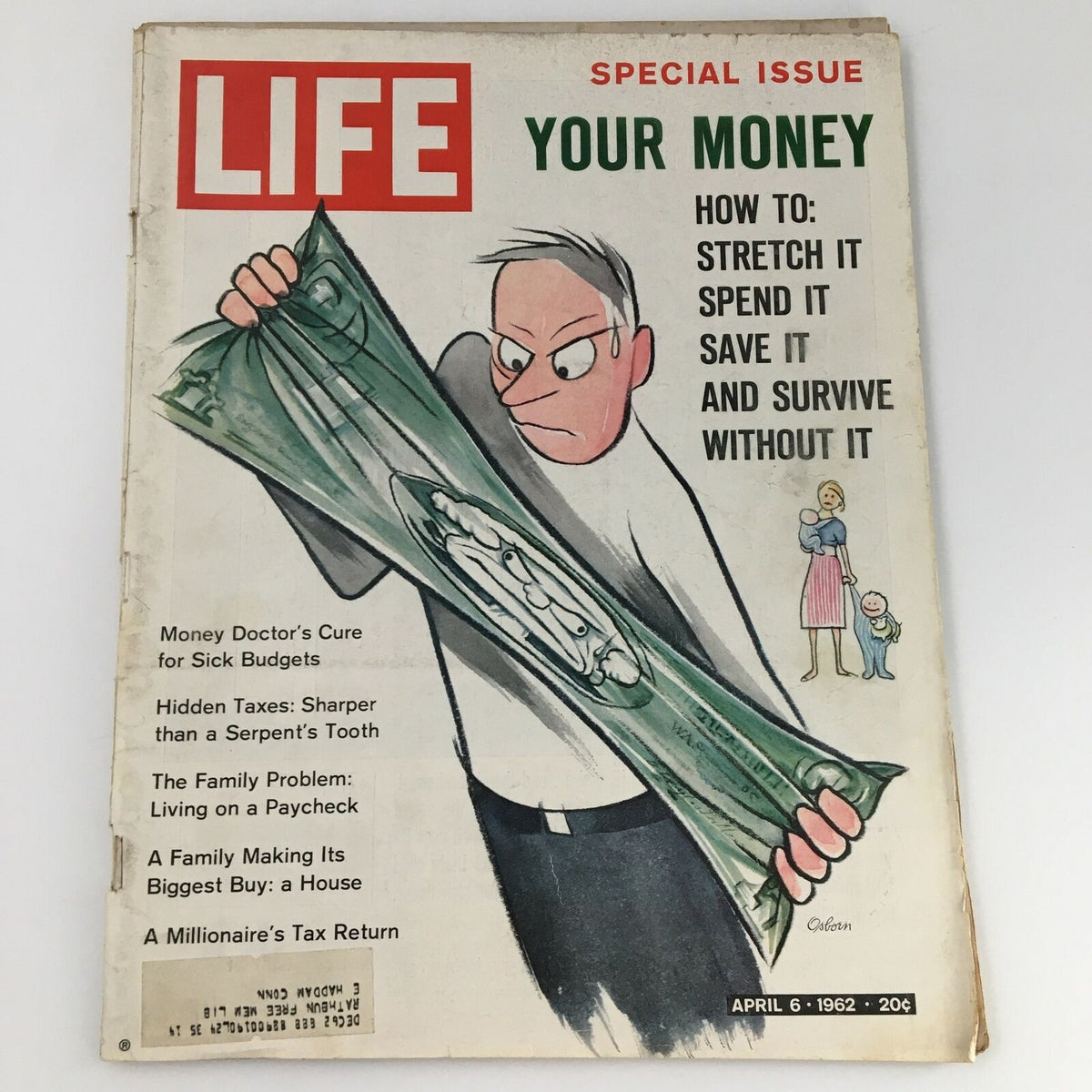 Cover of VTG Life Magazine April 6 1962 featuring a cartoon depiction of a man holding money, illustrating themes of financial struggle and family budgeting.