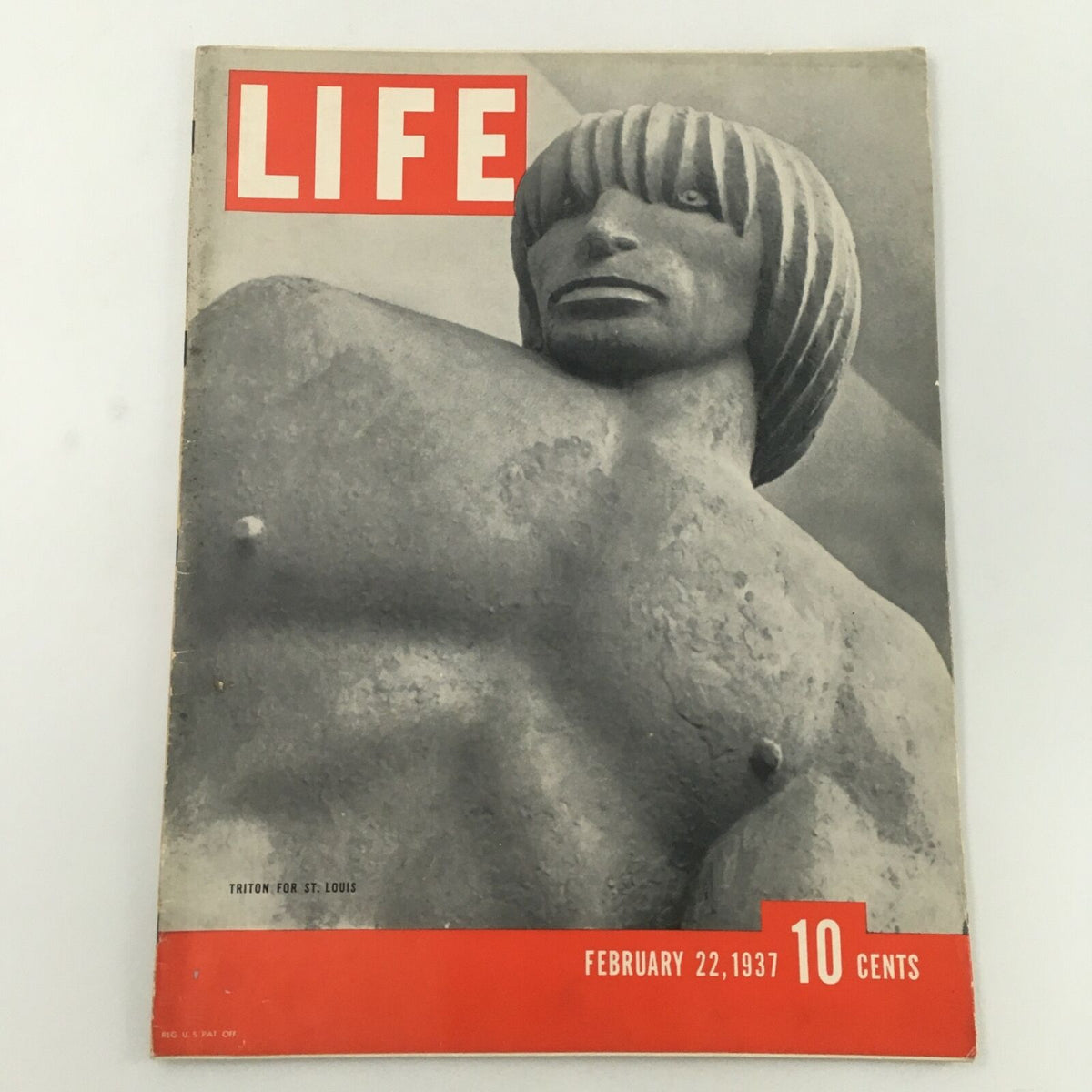 Cover of VTG Life Magazine from February 22, 1937 featuring the Statue of Triton for St. Louis. The magazine's cover showcases a gray-scale image of the statue with bold red accents and the date prominently displayed, reflecting the vintage aesthetic of the time.