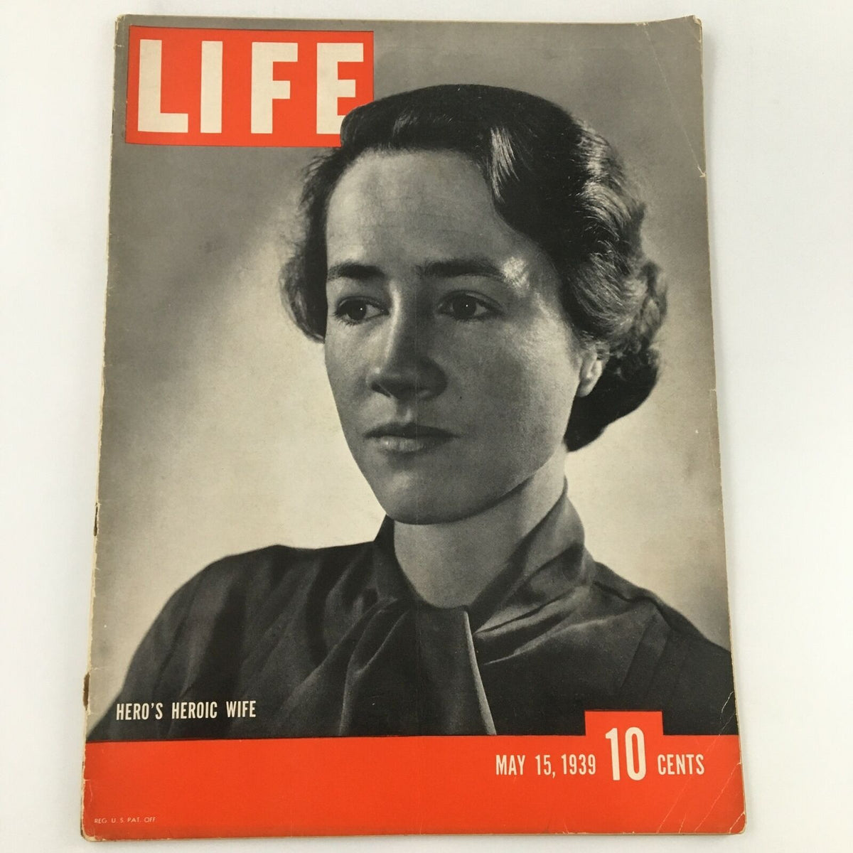 VTG Life Magazine cover from May 15, 1939, featuring the photograph of a woman's face with the title 'Hero's Heroic Wife'. The magazine showcases historical content and vintage charm.
