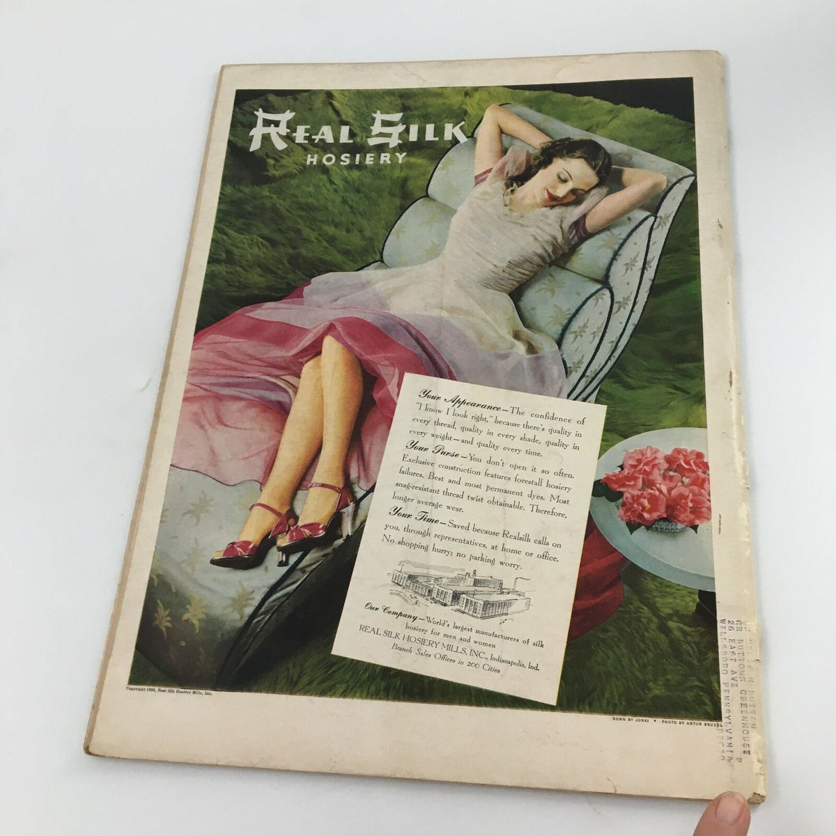 Back cover of VTG Life Magazine from May 15, 1939, displaying an advertisement for Real Silk Hosiery with a woman in a stylish dress. The magazine captures the fashion and culture of the era.