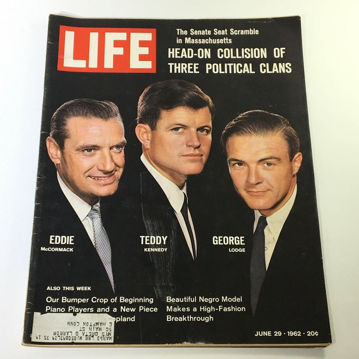 Vintage Life Magazine from June 29, 1962 featuring Eddie McCormack, Teddy Kennedy, and George Lodge on the cover, capturing a pivotal moment in American history.
