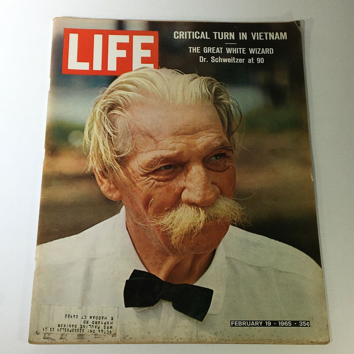 Vintage Life Magazine February 19 1965 featuring Dr. Albert Schweitzer on the cover, showcasing the iconic humanitarian's photograph and highlighting significant events of the 1960s.