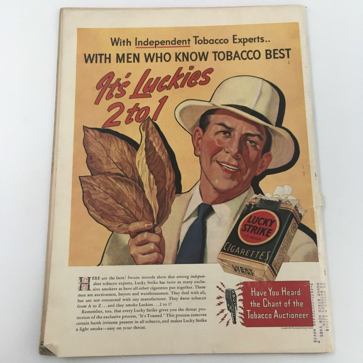 Back cover of the VTG Life Magazine April 4, 1938, showcasing an advertisement for Lucky Strike cigarettes featuring a smiling man holding tobacco leaves.