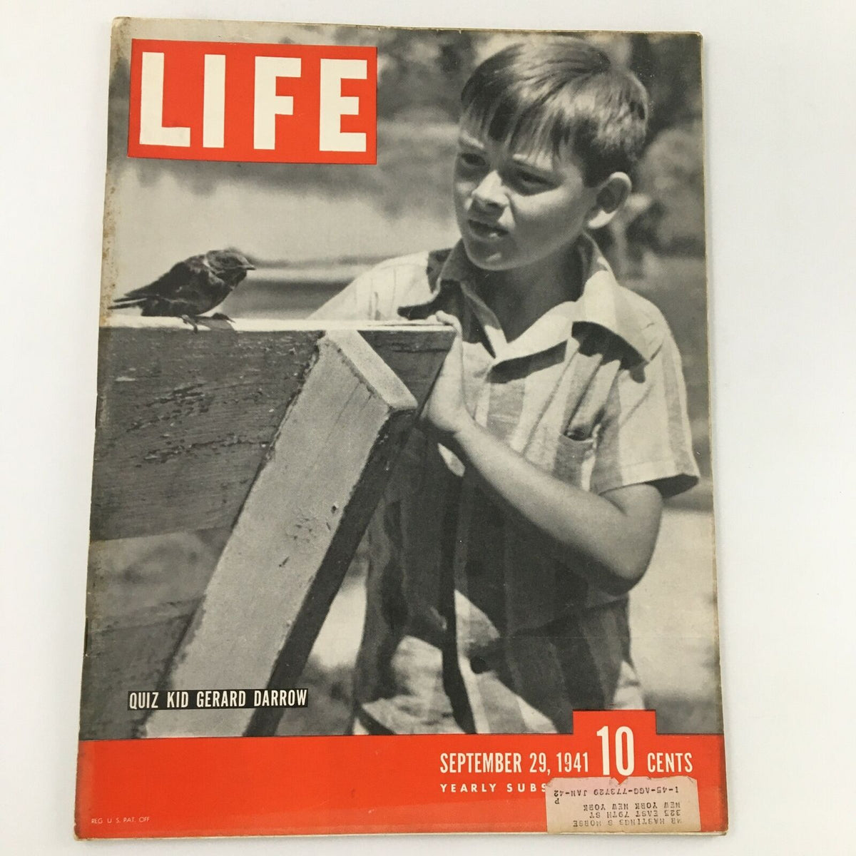 Cover of the VTG Life Magazine from September 29, 1941, featuring Quiz Kid Gerard Darrow with a bird on his hand, showcasing vintage charm and historical significance.