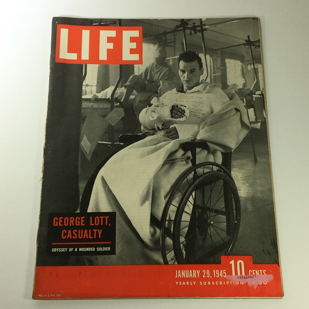 VTG Life Magazine January 29 1945 featuring Soldier George Lott on the cover, showcasing a poignant image of a wounded soldier in a wheelchair with notable historical significance.