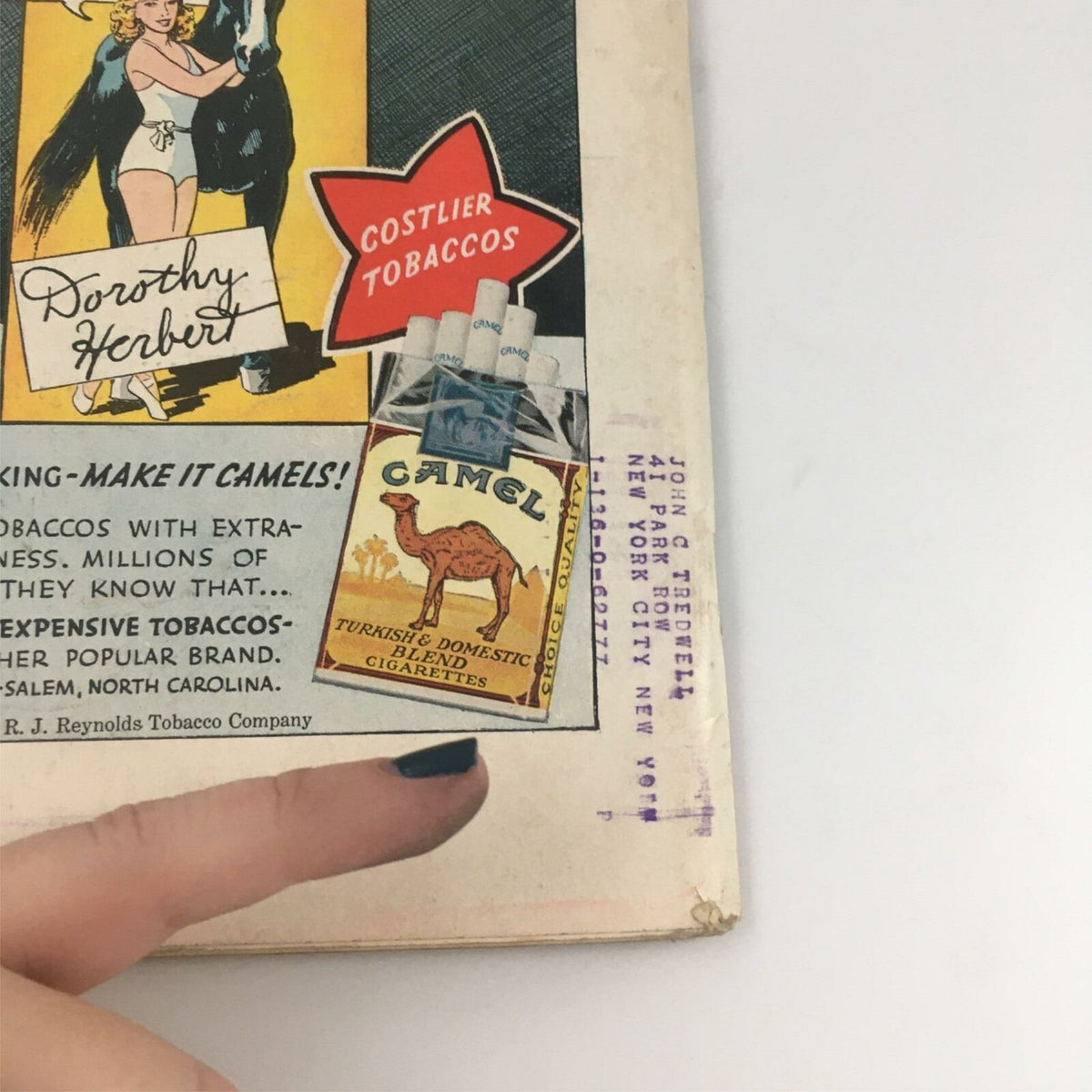 Back cover of VTG Life Magazine September 13, 1937 showcasing an advertisement for Camel cigarettes and featuring the signature of actress Dorothy Herbert, emphasizing vintage tobacco branding.