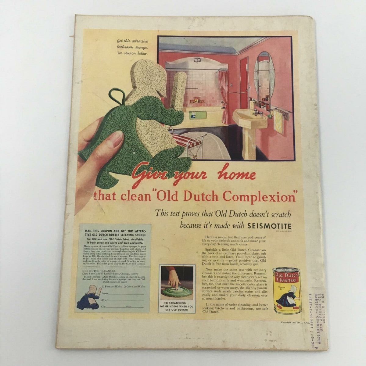 Back cover of VTG Life Magazine April 5, 1937, featuring an advertisement for Old Dutch Cleanser, highlighting vintage marketing graphics.