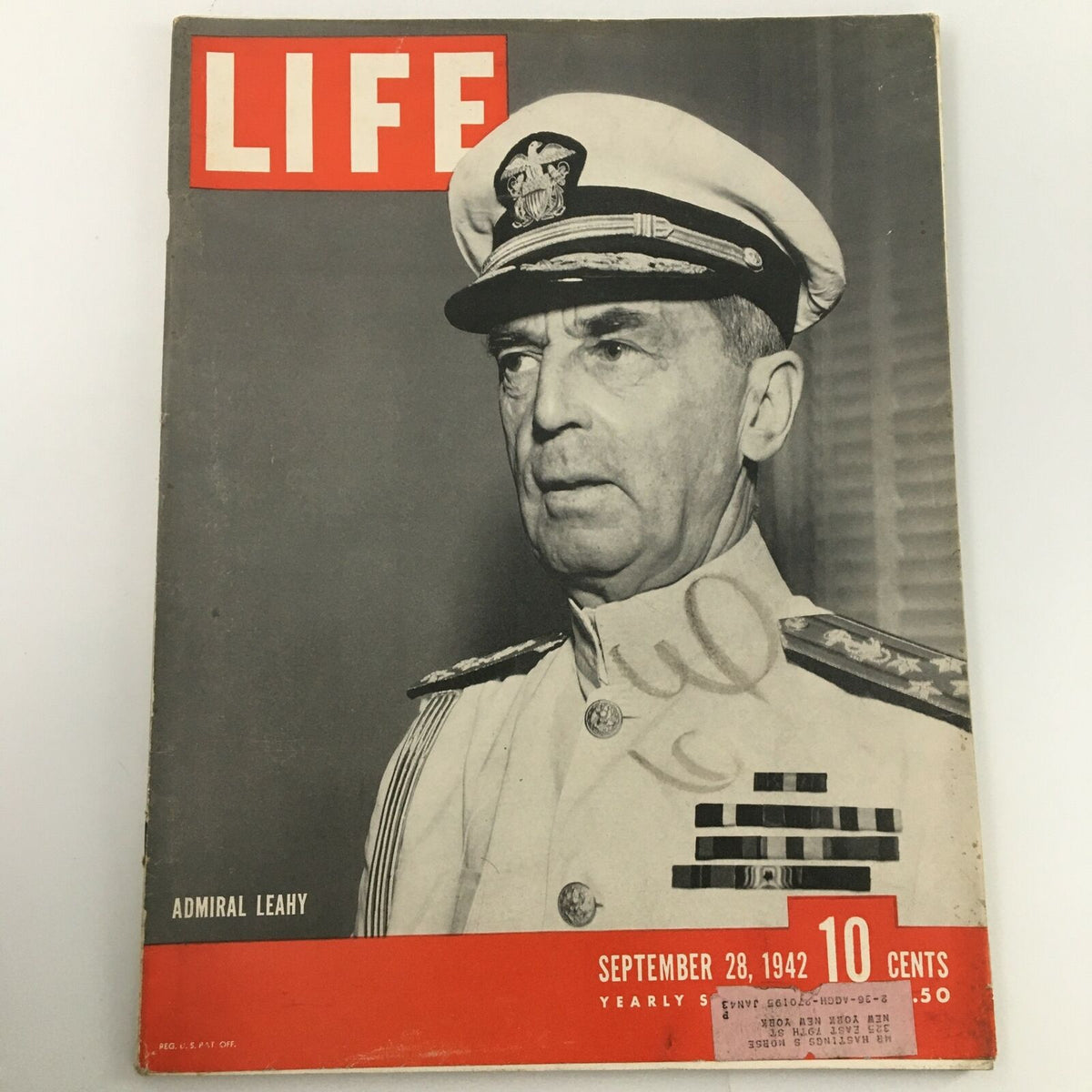 Cover of VTG Life Magazine dated September 28, 1942 featuring Fleet Admiral William Leahy, showcasing a historical portrait and the iconic Life Magazine logo.
