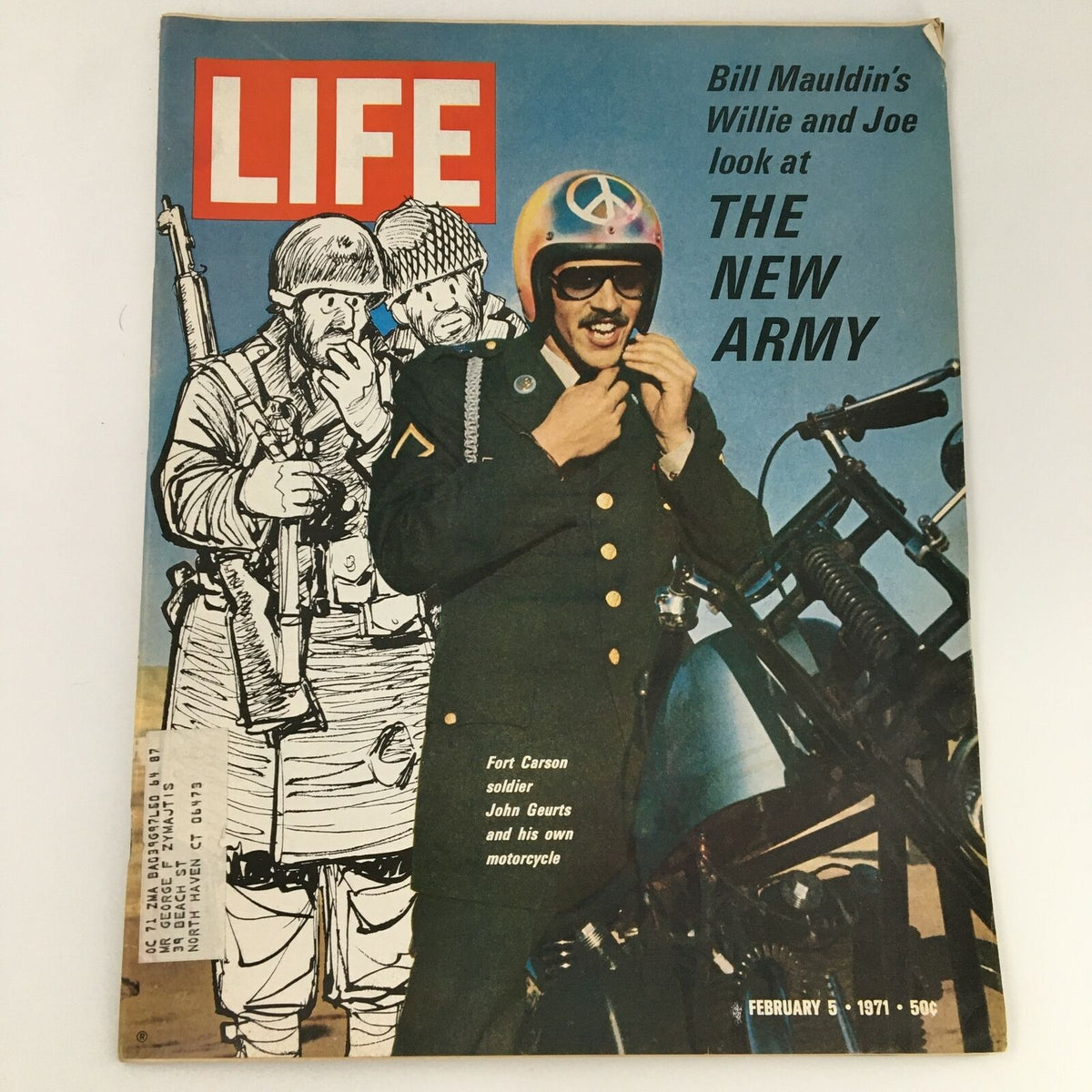 Cover of VTG Life Magazine February 5 1971 featuring Fort Carson Soldier John Geurts, showcasing military themes and a motorcycle, highlighting the era's cultural significance.