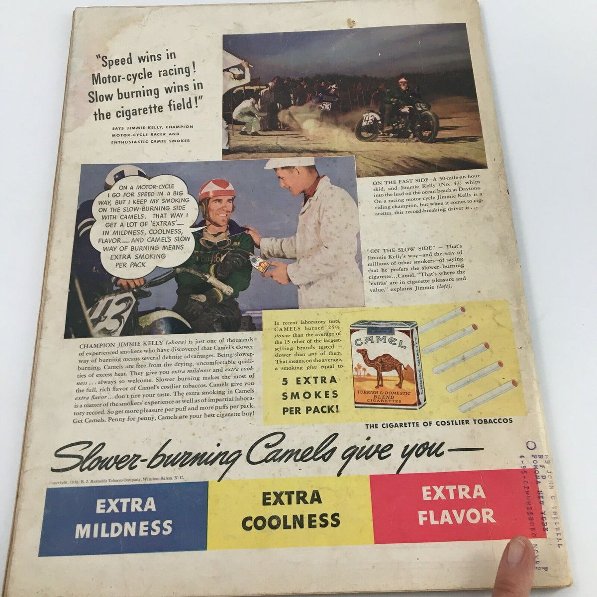 Back cover of VTG Life Magazine May 20, 1940 with advertisement featuring motorcycle racing and Camel cigarettes.