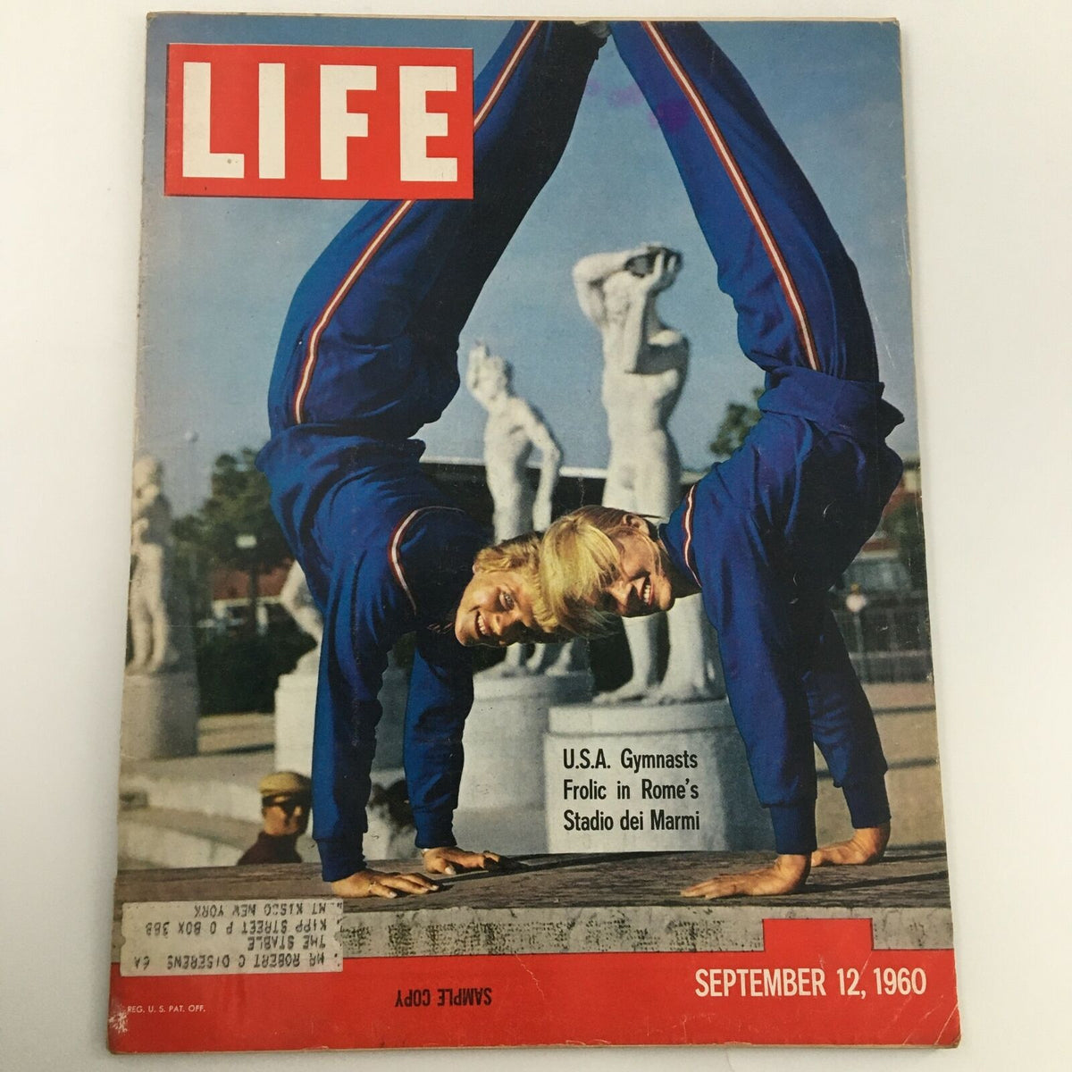 Vintage Life Magazine cover from September 12, 1960, featuring U.S.A. gymnasts frolicking in Rome's Stadio dei Marmi, highlighting athleticism and grace.