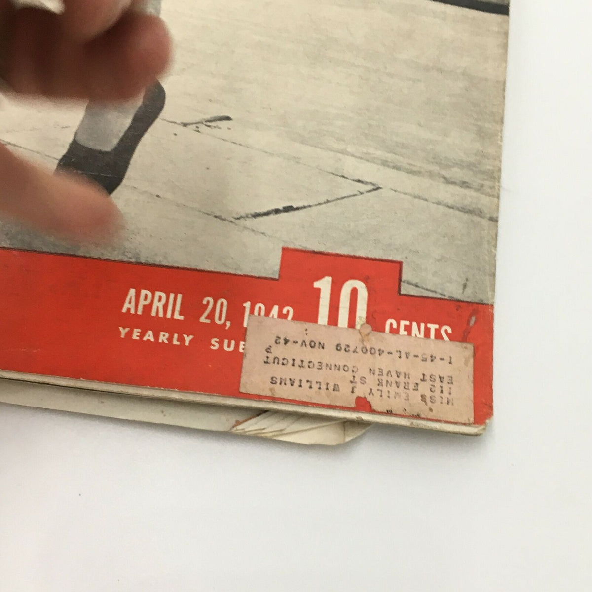 VTG Life Magazine April 20, 1942 cover detail featuring an address label and magazine publishing date, showcasing its historical significance.