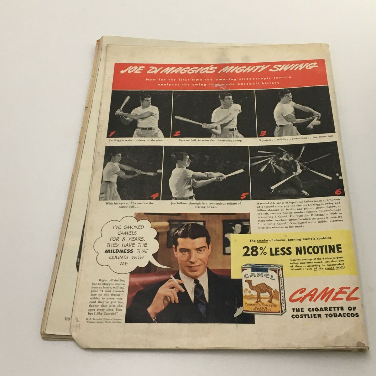 VTG Life Magazine April 20, 1942 back cover featuring Joe DiMaggio's baseball swing analysis along with an advertisement, highlighting sports history and vintage advertising.